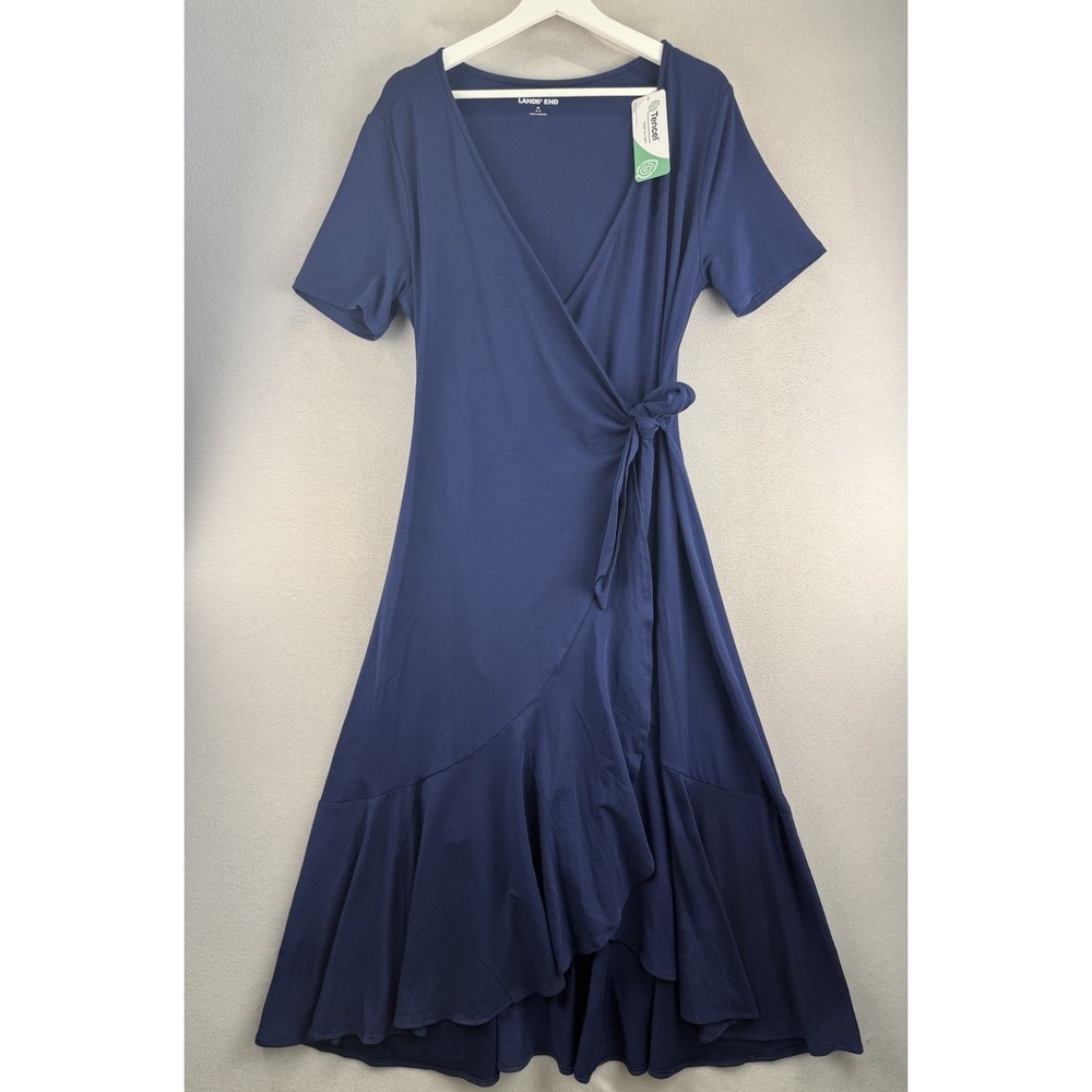 Lands End Women's Sz M Blue Short Sleeve Midi Wrap V-Neck Ruffled Hem Dress - Picture 2 of 11